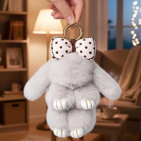 2 PCS Bunny Keychain, Cute Bunny Keychains, Bunnykeychains with Bow, Pink and Gray Color Options, Soft Bunnykeychain for Bags and Keys in Kuwait