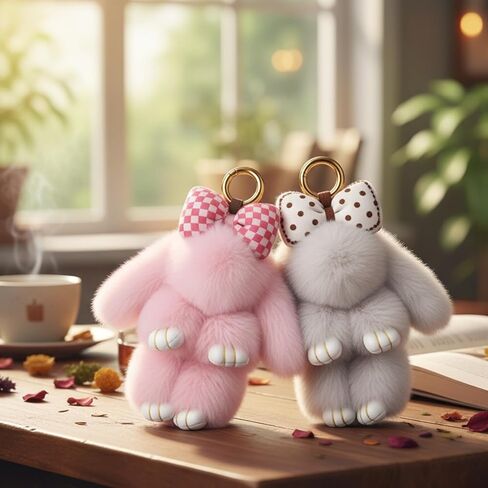 2 PCS Bunny Keychain, Cute Bunny Keychains, Bunnykeychains with Bow, Pink and Gray Color Options, Soft Bunnykeychain for Bags and Keys in Kuwait