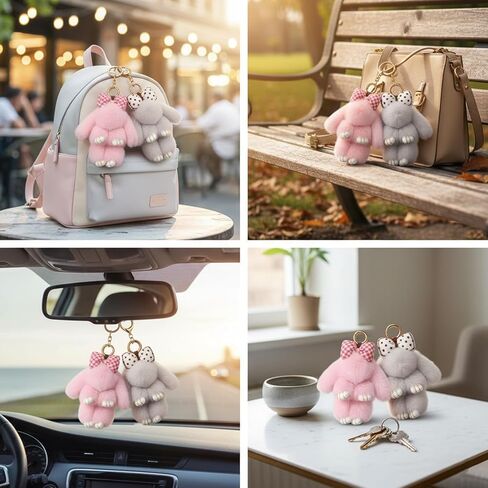 2 PCS Bunny Keychain, Cute Bunny Keychains, Bunnykeychains with Bow, Pink and Gray Color Options, Soft Bunnykeychain for Bags and Keys in Kuwait