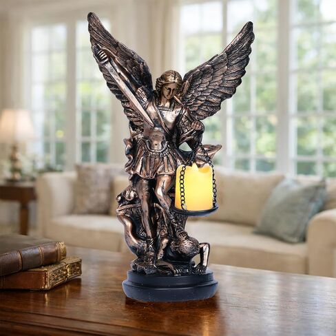 مصباح تمثال سانت مايكل مع حامل شموع Tealight لديكور المنزل تمثال سانت مايكل رئيس الملائكة سانت مايكل يهزم لوسيفر في حامل شموع LED قابل للتجميع على الطاولة 11.6 بوصة in Kuwait