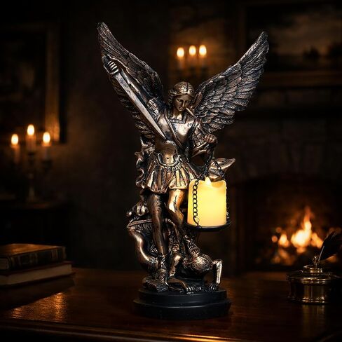 مصباح تمثال سانت مايكل مع حامل شموع Tealight لديكور المنزل تمثال سانت مايكل رئيس الملائكة سانت مايكل يهزم لوسيفر في حامل شموع LED قابل للتجميع على الطاولة 11.6 بوصة in Kuwait