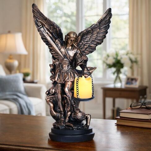 مصباح تمثال سانت مايكل مع حامل شموع Tealight لديكور المنزل تمثال سانت مايكل رئيس الملائكة سانت مايكل يهزم لوسيفر في حامل شموع LED قابل للتجميع على الطاولة 11.6 بوصة in Kuwait