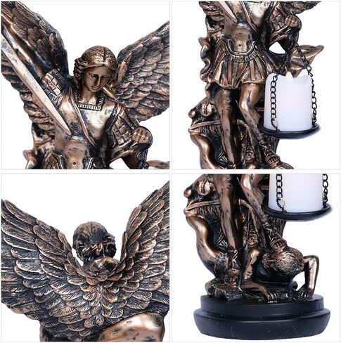 مصباح تمثال سانت مايكل مع حامل شموع Tealight لديكور المنزل تمثال سانت مايكل رئيس الملائكة سانت مايكل يهزم لوسيفر في حامل شموع LED قابل للتجميع على الطاولة 11.6 بوصة in Kuwait