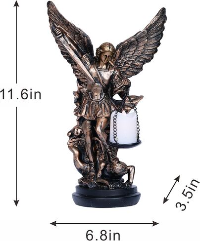 مصباح تمثال سانت مايكل مع حامل شموع Tealight لديكور المنزل تمثال سانت مايكل رئيس الملائكة سانت مايكل يهزم لوسيفر في حامل شموع LED قابل للتجميع على الطاولة 11.6 بوصة in Kuwait