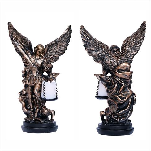 مصباح تمثال سانت مايكل مع حامل شموع Tealight لديكور المنزل تمثال سانت مايكل رئيس الملائكة سانت مايكل يهزم لوسيفر في حامل شموع LED قابل للتجميع على الطاولة 11.6 بوصة in Kuwait