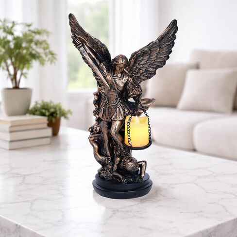 مصباح تمثال سانت مايكل مع حامل شموع Tealight لديكور المنزل تمثال سانت مايكل رئيس الملائكة سانت مايكل يهزم لوسيفر في حامل شموع LED قابل للتجميع على الطاولة 11.6 بوصة in Kuwait