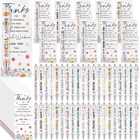 50 مجموعة من هدايا تقدير الأخصائي الاجتماعي، أقلام حبر جاف للأخصائي الاجتماعي مع بطاقات شكر، قلم حبر أسود قابل للسحب لكتابة هدايا لطيفة للأخصائيين الاجتماعيين، هدايا حفلات شهر العمل الاجتماعي in Kuwait