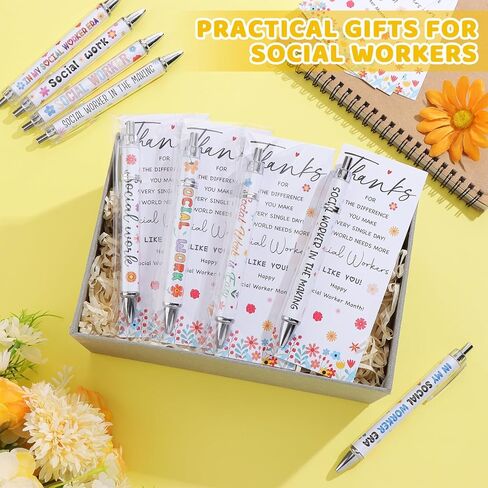 50 مجموعة من هدايا تقدير الأخصائي الاجتماعي، أقلام حبر جاف للأخصائي الاجتماعي مع بطاقات شكر، قلم حبر أسود قابل للسحب لكتابة هدايا لطيفة للأخصائيين الاجتماعيين، هدايا حفلات شهر العمل الاجتماعي in Kuwait