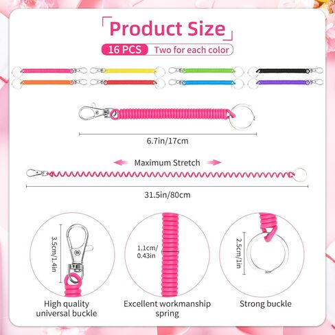 16Pcs Spiral Retractable Spring Coil Keychain, Colorful Coiled Lanyard with Keyring Lobster Clasp, Theftproof Anti-lost Stretch Cord Safety Key Ring for Keys Wallet Cellphone(8 Colors) in Saudi Arabia