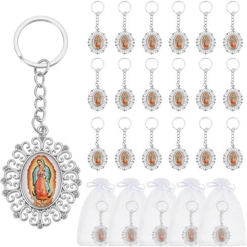WEBEEDY 24 مجموعة من سلاسل المفاتيح سيدة غوادالوبي مع أكياس الأورجانزا، سلاسل المفاتيح Virgen De Guadalupe هدية المعمودية لصالح الضيوف in Saudi Arabia