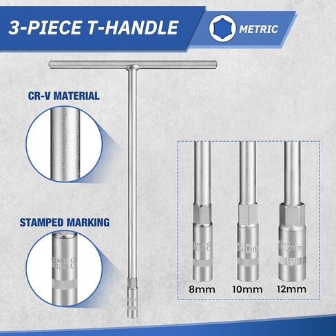 T - Handle Socket Set, Metric T Handle Wrench Set,3 Pieces(8mm, 10mm, 12mm),Cr-V Steel,6- Point,For Car Motorcycle Dirt Bike Repair in Saudi Arabia