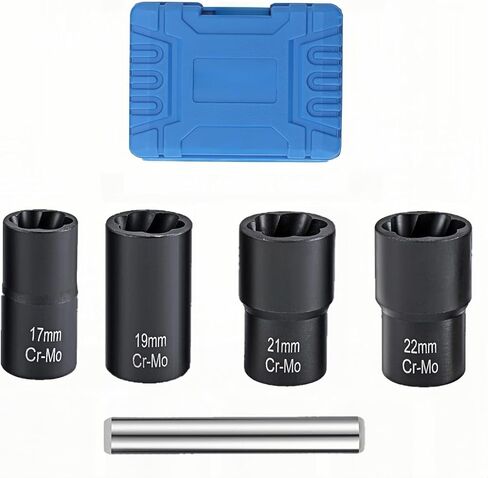 5PCS Lug Nut Removal Tool, 17/19/21/22MM Impact Bolt Extractor Set, CR-MO Steel Wheel Lock Removal Kit for Damaged/Rusted Nuts, Compatible with 1/2" Drive Impact Wrench in Kuwait