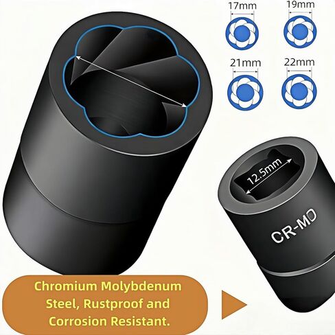 5PCS Lug Nut Removal Tool, 17/19/21/22MM Impact Bolt Extractor Set, CR-MO Steel Wheel Lock Removal Kit for Damaged/Rusted Nuts, Compatible with 1/2" Drive Impact Wrench in Kuwait