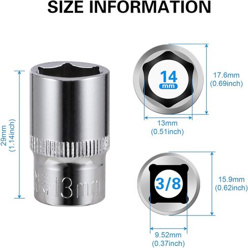 8-Piece 13mm Shallow Sockets, 3/8-Inch Drive, 6-Point, Corrosion Resistance, Compatible with Standard Ratchet Wrenches and Tools in Kuwait