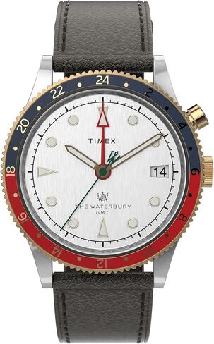 Timex Men's Waterbury Traditional GMT 39mm Watch – Stainless Steel Case White Dial Red/Blue Top Ring Gold-Tone Accents with Black Genuine Leather Strap in Saudi Arabia