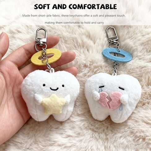 سلاسل مفاتيح على شكل أسنان من القطيفة مكونة من قطعتين بتصميم ملائكي - حلية على شكل حقيبة فروي شخصية كرتونية، هدية على شكل مفتاح سيارة ومحفظة in Kuwait