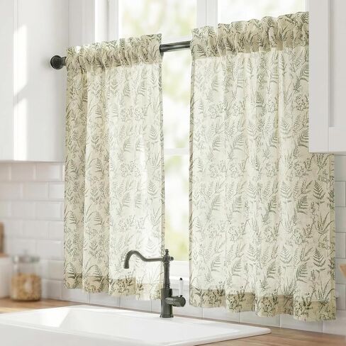 Sage Green Kitchen Window Curtains Over Sink - Faux Linen Cafe Curtains 24 Inch Length - Farmhouse Light Filtering Short Curtains Set of 2 Panels Rod Pocket - Fern Botanical Print in Saudi Arabia