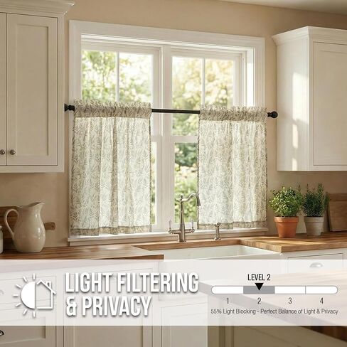 Sage Green Kitchen Window Curtains Over Sink - Faux Linen Cafe Curtains 24 Inch Length - Farmhouse Light Filtering Short Curtains Set of 2 Panels Rod Pocket - Fern Botanical Print in Saudi Arabia