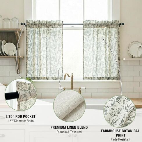 Sage Green Kitchen Window Curtains Over Sink - Faux Linen Cafe Curtains 24 Inch Length - Farmhouse Light Filtering Short Curtains Set of 2 Panels Rod Pocket - Fern Botanical Print in Saudi Arabia