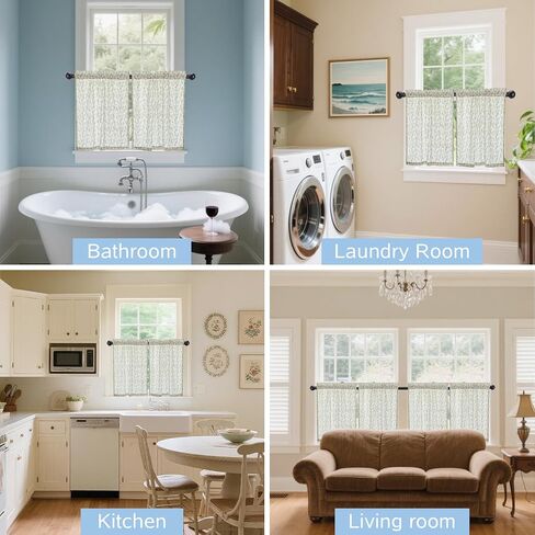 Sage Green Kitchen Window Curtains Over Sink - Faux Linen Cafe Curtains 24 Inch Length - Farmhouse Light Filtering Short Curtains Set of 2 Panels Rod Pocket - Fern Botanical Print in Saudi Arabia