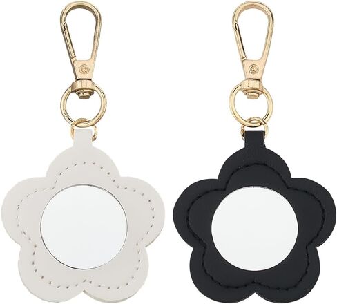 2PCS 2 Color PU Leather Flower Keychain Portable Makeup Mirror Key Ring Bulk Floral Pendant Key Holder in Kuwait