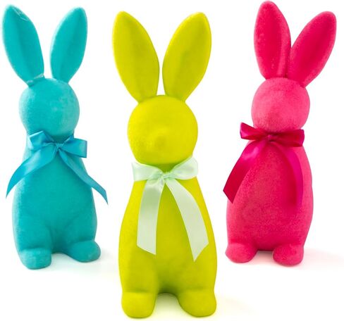 Fun Express Easter Bunny Decorations Set of 3 - Large 11.5 Inch Flocked Foam Figurines in Pink Blue Yellow | Spring Tabletop Centerpiece for Home Mantel Holiday Decor | Colorful Easter Rabbit Set in Saudi Arabia
