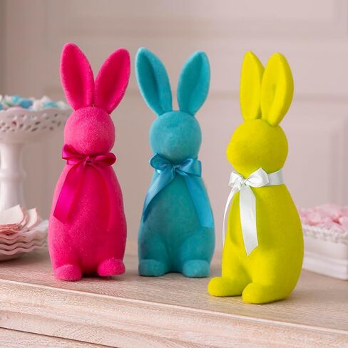 Fun Express Easter Bunny Decorations Set of 3 - Large 11.5 Inch Flocked Foam Figurines in Pink Blue Yellow | Spring Tabletop Centerpiece for Home Mantel Holiday Decor | Colorful Easter Rabbit Set in Saudi Arabia