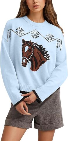 Women Horse Graphic Crew Neck Sweater Animal Graphic Long Sleeve Knit Pullover Casual Color Block Fall Outfit in Saudi Arabia