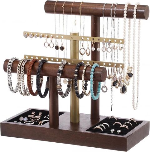 RattanView 3 Tier Bracelet Holder Display with Earring Holder Organizer T-bar Bangle Storage Rack Wooden Jewelry Organizer Stand Gifts for Bracelet Necklaces Earrings Rings Watches Storage Displays in Saudi Arabia