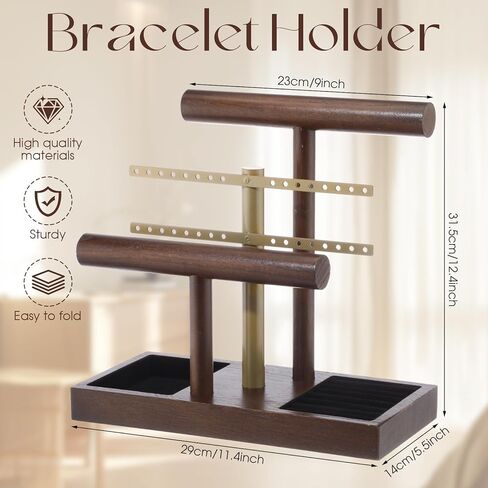 RattanView 3 Tier Bracelet Holder Display with Earring Holder Organizer T-bar Bangle Storage Rack Wooden Jewelry Organizer Stand Gifts for Bracelet Necklaces Earrings Rings Watches Storage Displays in Saudi Arabia