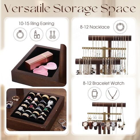 RattanView 3 Tier Bracelet Holder Display with Earring Holder Organizer T-bar Bangle Storage Rack Wooden Jewelry Organizer Stand Gifts for Bracelet Necklaces Earrings Rings Watches Storage Displays in Saudi Arabia