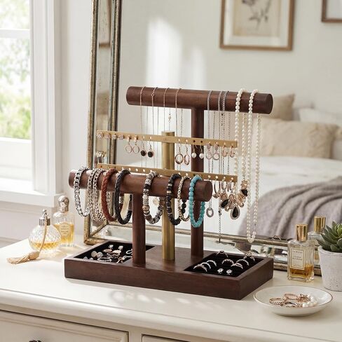 RattanView 3 Tier Bracelet Holder Display with Earring Holder Organizer T-bar Bangle Storage Rack Wooden Jewelry Organizer Stand Gifts for Bracelet Necklaces Earrings Rings Watches Storage Displays in Saudi Arabia