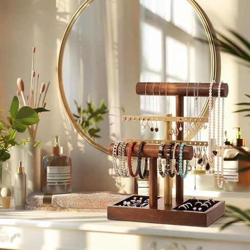 RattanView 3 Tier Bracelet Holder Display with Earring Holder Organizer T-bar Bangle Storage Rack Wooden Jewelry Organizer Stand Gifts for Bracelet Necklaces Earrings Rings Watches Storage Displays in Saudi Arabia