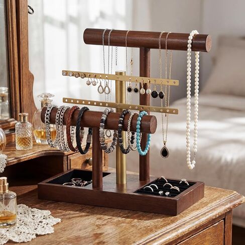 RattanView 3 Tier Bracelet Holder Display with Earring Holder Organizer T-bar Bangle Storage Rack Wooden Jewelry Organizer Stand Gifts for Bracelet Necklaces Earrings Rings Watches Storage Displays in Saudi Arabia