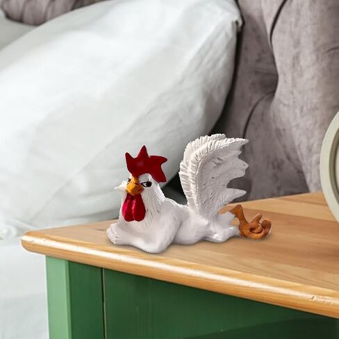 White Rooster Statue with Enchanting Posture & Long Eyelashes Table Art Sculpture, A Big Rooster Lying Down, Funny Resin Figurine Decoration, Farm Animal Table Ornament (White) in Kuwait