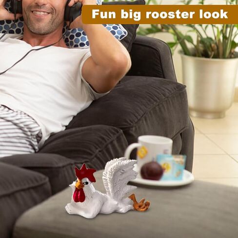White Rooster Statue with Enchanting Posture & Long Eyelashes Table Art Sculpture, A Big Rooster Lying Down, Funny Resin Figurine Decoration, Farm Animal Table Ornament (White) in Kuwait