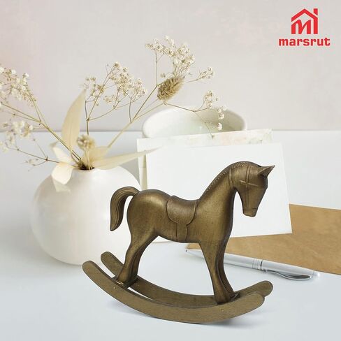 Wooden Rocking Horse for Decor, Vintage Antique Bronze Sculpture, Mini Decorative Figurine for Home, Cabinet, Table, Desktop Shelf, Centerpiece, Rustic Collectible Animal Statue, Christmas Ornament in Saudi Arabia