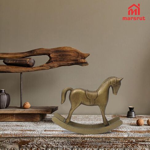 Wooden Rocking Horse for Decor, Vintage Antique Bronze Sculpture, Mini Decorative Figurine for Home, Cabinet, Table, Desktop Shelf, Centerpiece, Rustic Collectible Animal Statue, Christmas Ornament in Saudi Arabia