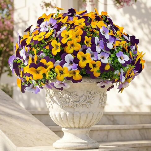 16 Pcs Artificial Pansy Flowers for Outdoor Faux Silk Spring Flowers for Outside, UV Resistant Realistic Pansies for Window, Front Door, Porch and Home Decor (16, Purple, Yellow, White, Light Purple) in Saudi Arabia