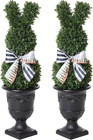 خشب البقس الأرنب توبياري في الهواء الطلق، 39 "شجرة اصطناعية مقاومة للأشعة فوق البنفسجية مع زارع جرة، توبياري أرنب للزينة ساحة عيد الفصح، الديكور الربيع للمنزل الجبهة شرفة الشرفة مجموعة من 2 in Kuwait