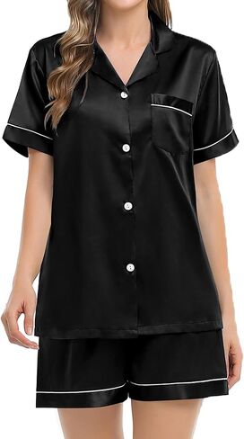 SWOMOG Silk Satin Pajama Set for Men Short Sleeve Sleepwear Button Down Pj Set Classic Loungewear Black in Kuwait