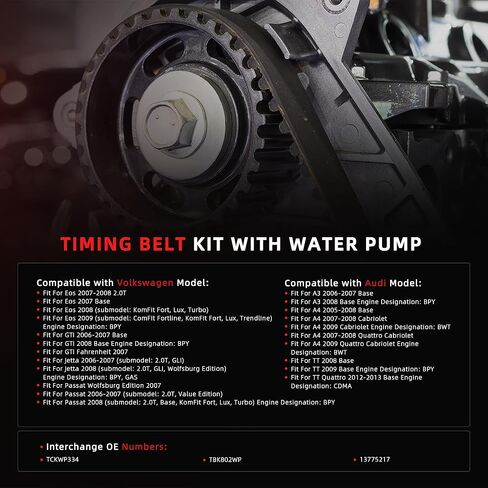Timing Belt Kit with Water Pump for Audi A3 A4 TT 2005-2009, for TT Quattro 2012-2013, for Volkswagen Eos GTI Jetta, for VW Passat, 2006-2008, 2.0L, TCKWP334, TBK802WP, 13775217 in Kuwait
