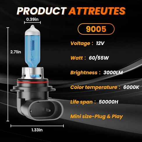 Upgraded Halogen Light Bulbs Compatible For Honda Accord Sedan 1990-2012, 9005 High and 9006 Low Beam Headlight Bulb Kit, 300% Brightness 6000K White Halogen Bulbs, Plug n Play, 4-Pack in Kuwait