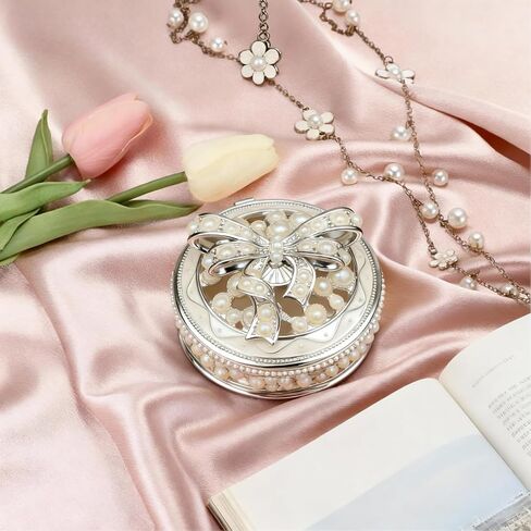 Metal Jewelry Box with Pearl Bow Pattern Round Vintage Trinket Storage Box Decorative with Magnetic Latching Keepsake Box for Ring Earrings Necklaces Decor, Gift for Women Girls (Silver) in Saudi Arabia