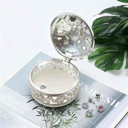 Metal Jewelry Box with Pearl Bow Pattern Round Vintage Trinket Storage Box Decorative with Magnetic Latching Keepsake Box for Ring Earrings Necklaces Decor, Gift for Women Girls (Silver) in Saudi Arabia