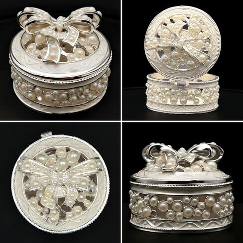 Metal Jewelry Box with Pearl Bow Pattern Round Vintage Trinket Storage Box Decorative with Magnetic Latching Keepsake Box for Ring Earrings Necklaces Decor, Gift for Women Girls (Silver) in Saudi Arabia