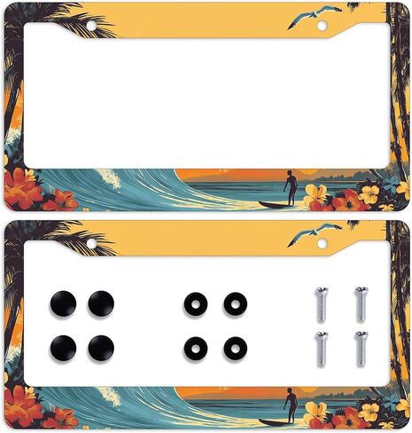 2 Pcs Stained Glass Waves License Plate Frame Sunset Ocean License Plate Holder Car Plate Holder Cover Universal Accessories License Plate Aluminum Car Tag Frames for Women Men US Vehicles in Kuwait