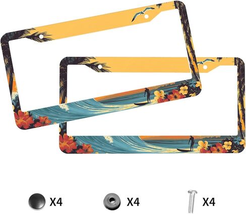 2 Pcs Stained Glass Waves License Plate Frame Sunset Ocean License Plate Holder Car Plate Holder Cover Universal Accessories License Plate Aluminum Car Tag Frames for Women Men US Vehicles in Kuwait