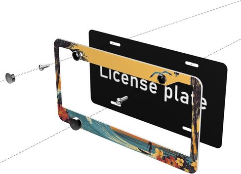 2 Pcs Stained Glass Waves License Plate Frame Sunset Ocean License Plate Holder Car Plate Holder Cover Universal Accessories License Plate Aluminum Car Tag Frames for Women Men US Vehicles in Kuwait