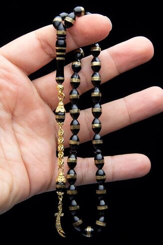 Prayer Beads Rosary Gold Plated Silver Tassel Carved Kuka Wood Zulfiqar Sword Design 33 Beads Islamic Muslim Tasbih - Black, One Size in Saudi Arabia